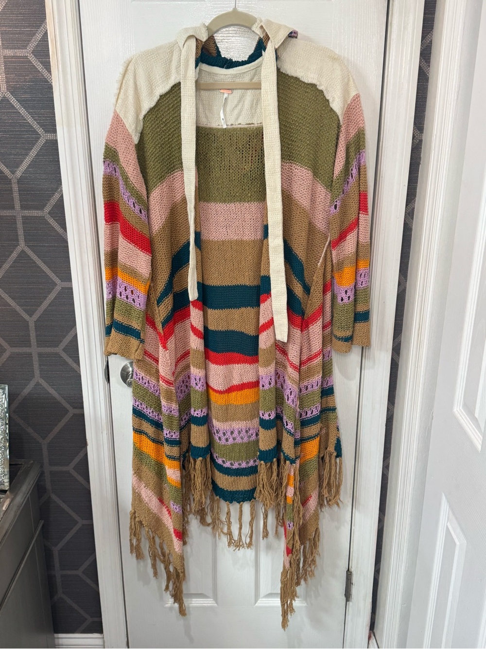 πππ Free People Bohemian Multi Stripe Hooded Fringe Cardigan Sweater Poncho πππ - Picture 5 of 11